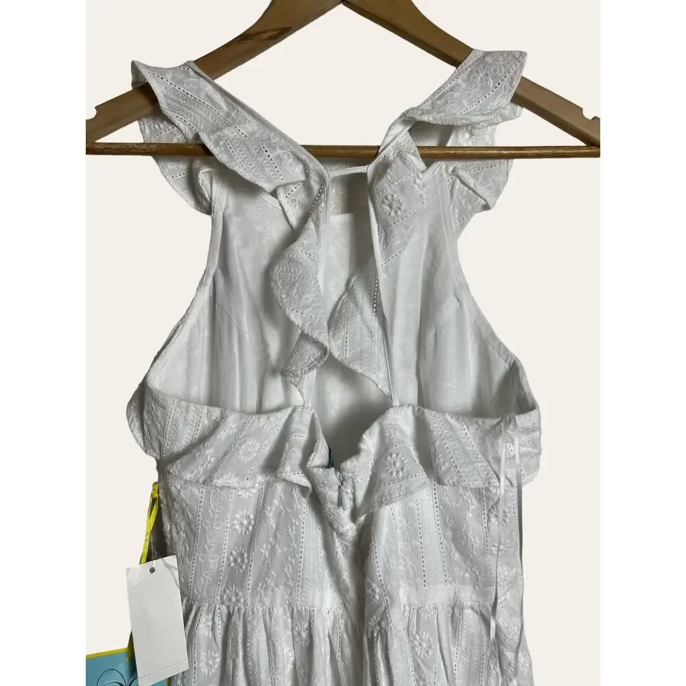 Cece White Eyelet Embroidered Atrapoy Ruffled Sleeveless Midi Dress Size 0 - Picture 6 of 9